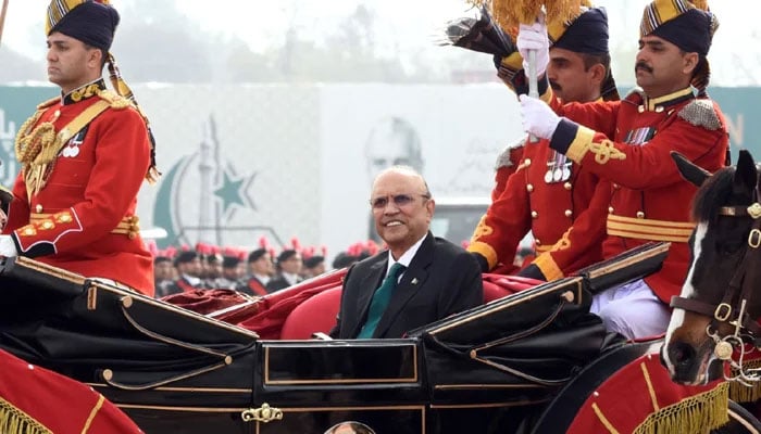 President Asif Ali Zardari arrives at Pakistan Day Parade in Islamabad on March 23, 2024. — PID