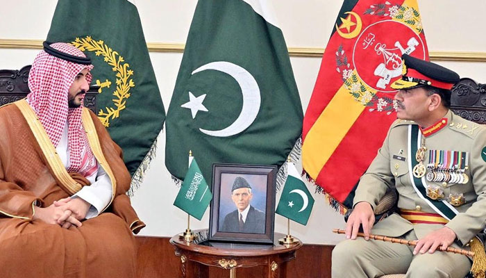 Saudi Arabias Minister of Defense Prince Khalid bin Salman bin Abdulaziz Al Saud (left) meets Chief of Army Staff (COAS) General Asim Munir in Rawalpindi on March 23, 2024. — NNI