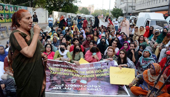 Leaders and members of Transgender Community hold a protest demonstration against the mob violence targeting transgender women, during the Sindh Moorat March and Aurat March held at Karachi press club on March 23, 2024. — PPI