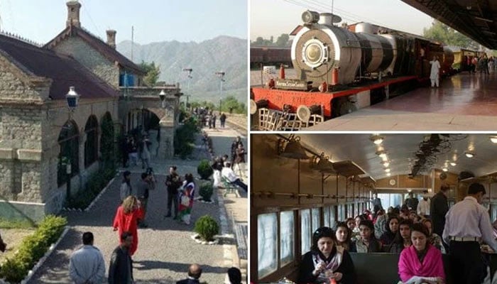 This image shows a Collage of a safari train for tourists to the historic Buddhist ruins in Takhtbhai. — Radio Pakistan/File