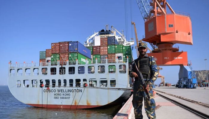 A Pakistani naval personnel stand guard near a ship at the Gwadar port. — AFP/File
