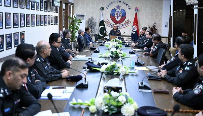 Inspector General of Police (IGP) Ghulam Nabi Memon presides over a high-level meeting regarding the control of law and order situation during the Holy month of Ramadan-ul-Mubarak held at CPO Headquarters in Karachi on March 25, 2024. — PPI
