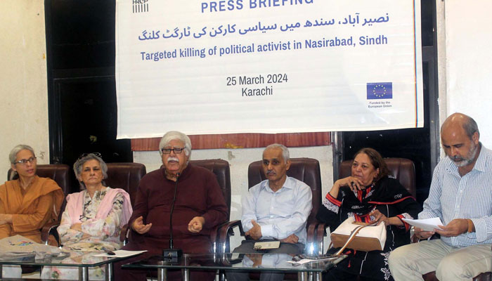 Human Rights Commission of Pakistan (HRCP) Chairperson, Asad Iqbal Butt along with others addresses to media persons during a press conference at Karachi press club on March 25, 2024. — PPI
