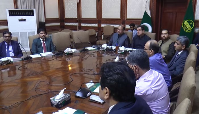 In this screengrab, Minister for Industry and Commerce Chaudhry Shafay Hussain chairs a meeting and Minister Bilal Yasin participates in the meeting at the Civil Secretariat on March 20, 2024. — Facebook/Chaudhry Shafay Hussain