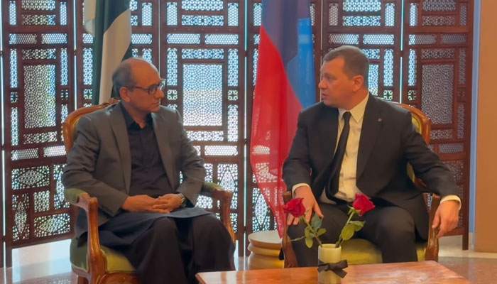 Saeed Ghani, the Sindh minister for local government meets with the Russian consul general Andrey Viktorovich Fedorov for condolences over the terrorist attack in Moscow on March 25, 2024. — Facebook/Saeed Ghani