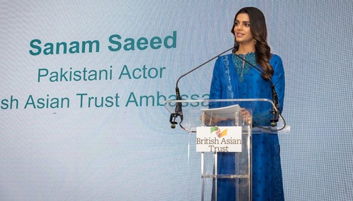 Pakistani actor Sanam Saeed speaking at British Asian Trust event. — Provided by the reporter