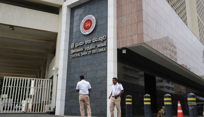 Security guards outside the Central Bank of Sri Lanka headquarters in Colombo. — Bloomberg/File