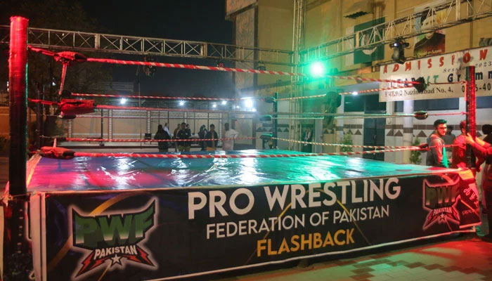 This image released on December 23, 2022, shows a wrestling ring. — Facebook/Pro Wrestling Federation of Pakistan