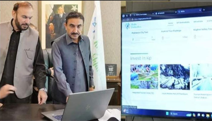 Advisor to Chief Minister on Tourism, Culture, Archaeology and Museums Zahid Chanzeb and KPCTA DG  Barkatullah Marwat review the websites on Laptop this image released on March 26, 2024. — Facebook/Khyber Pakhtunkhwa Culture and Tourism Authority