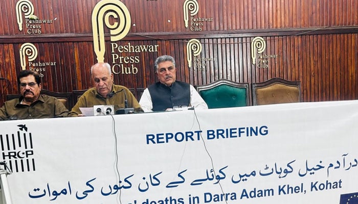 HRCP KP Vice-Chairman Akbar Khan, Asad Iqbal Butt, Ijaz Mehmod, Dr Sarfaraz and others speak during a press conference on March 26, 2024. — Facebook/Human Rights Commission of Pakistan