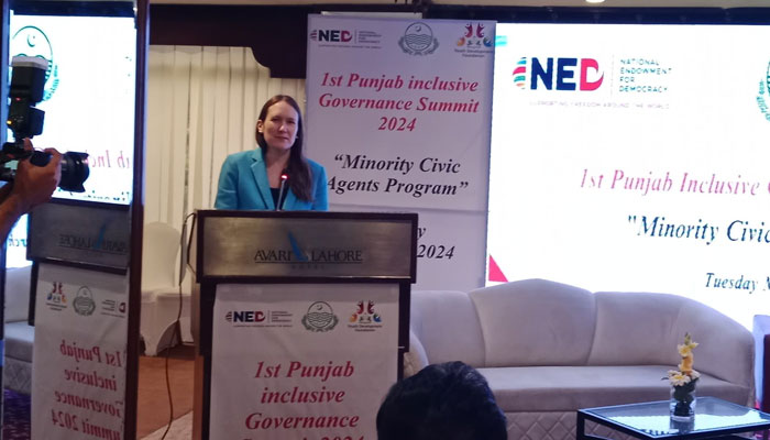 US Consul General in Lahore Kristin Hawkins addresses the “Inclusive Governance Summit” organised by the Punjab Human Rights Department and Youth Development Foundation on March 26, 2024. — Facebook/Youth Development Foundation