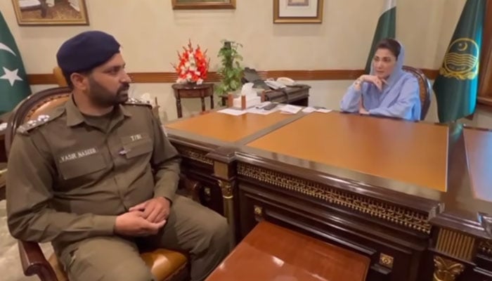 This screengrab taken from a videos released on March 26, 2024, shows the meeting between CM Punjab Maryam Nawaz and trainee Sub Inspector, Yasir Naseeb. — Facebook/Maryam Nawaz Sharif