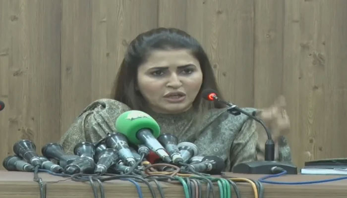 Secretary Information PPP Shazia Marri speaks during a press conference at the Bilawal House on February 15, 2024. — Facebook/Pakistan Peoples Party - PPP