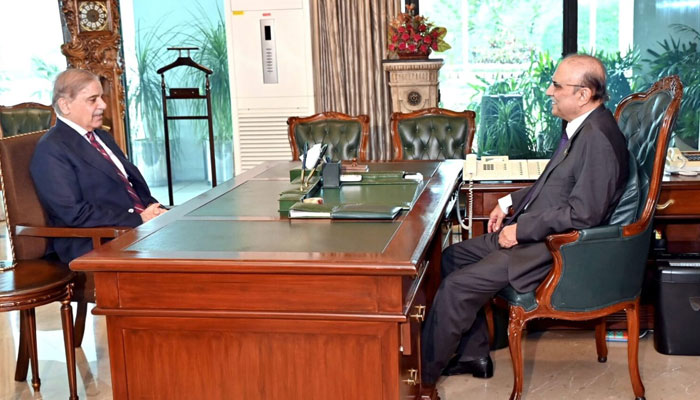 This image shows the meeting between the  President Asif Ali Zardari (R) and Prime Minister Shehbaz Sharif on March 26, 2024. — APP