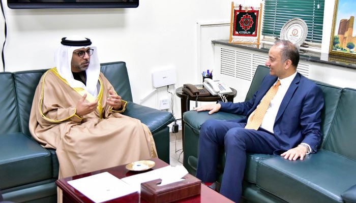 UAE Ambassador Hamad Obaid Alzaabi (left) meets Federal Minister for Petroleum Musadik Malik in Islamabad on March 26, 2024. — PID