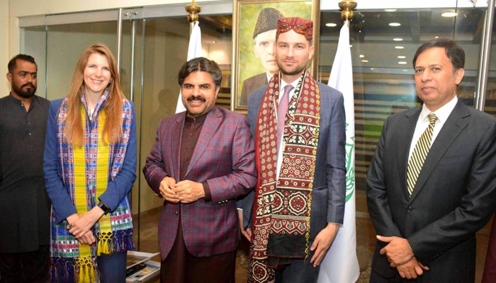 Sindh Minister for Energy and Planning & Development Syed Nasir Hussain Shah meets British High Commissioner Jane Marriott (L) in this image on March 27, 2024. — Facebook/Syed Nasir Hussain Shah