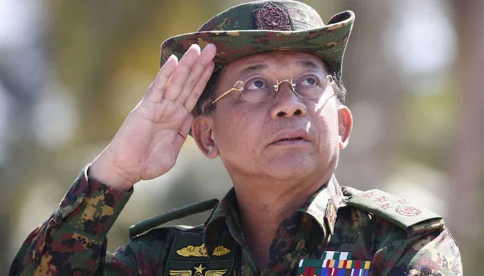 Myanmar military chief Senior General Min Aung Hlaing salutes during military exercises in the Ayeyarwaddy delta region. — AFP/File