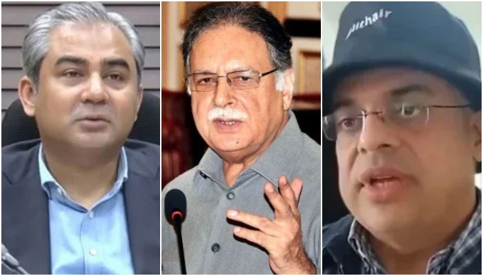 Interior Minister Mohsin Naqvi (left), PML-N leader Pervaiz Rasheed (centre), and Ahad Cheema. — APP/Geo News/File