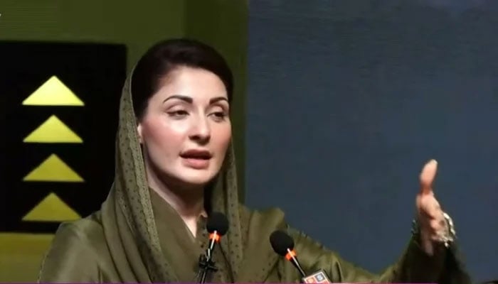 Punjab Chief Minister Maryam Nawaz is addressing an event related to International Womens Day in Lahore on March 8, 2024, in this still taken from a video. — YouTube/Geo News/File