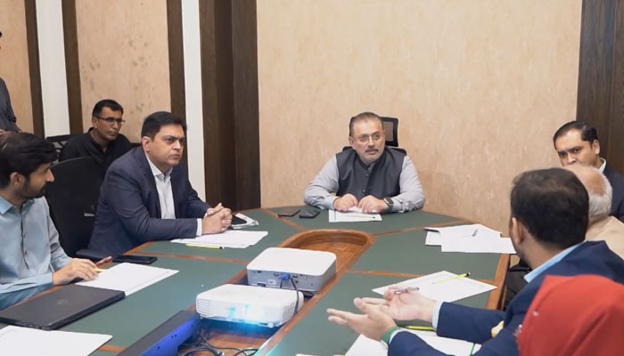 Sindh Minister for Excise, Taxation, Narcotics Control and Transport Sharjeel Inam Memon presides over a meeting of Transport, Mass Transit Department on March 28, 2024. — Facebook/Sharjeel Inam Memon