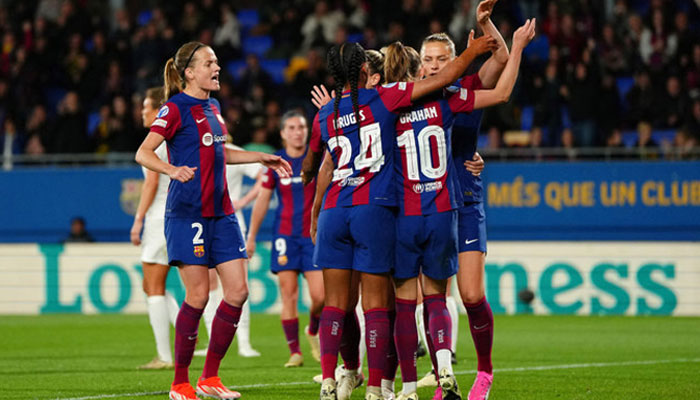 Barcelona’s Swedish forward  Fridolina Rolfo celebrates with teammates during the UEFA Womens Champions League quarter-final against SK Brann Kvinner at the Johan Cruyff stadium in Sant Joan Despi, on March 28, 2024. —AFP