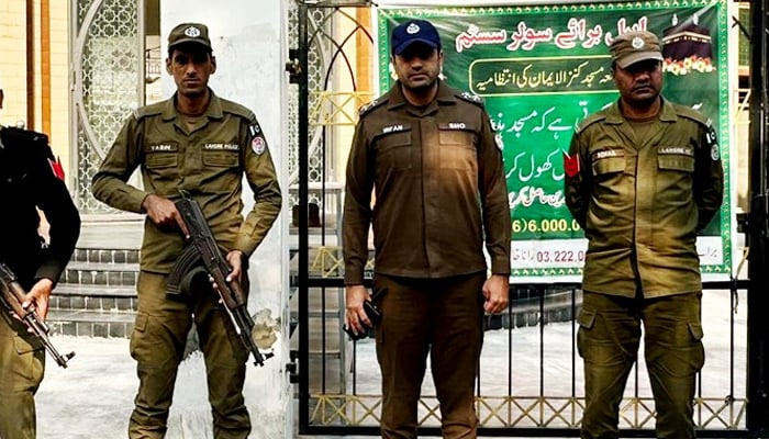 Punjab police personnel stand guard near Imambargah in Lahore on December 8, 2023. — Facebook/DIG Ops Lahore Police