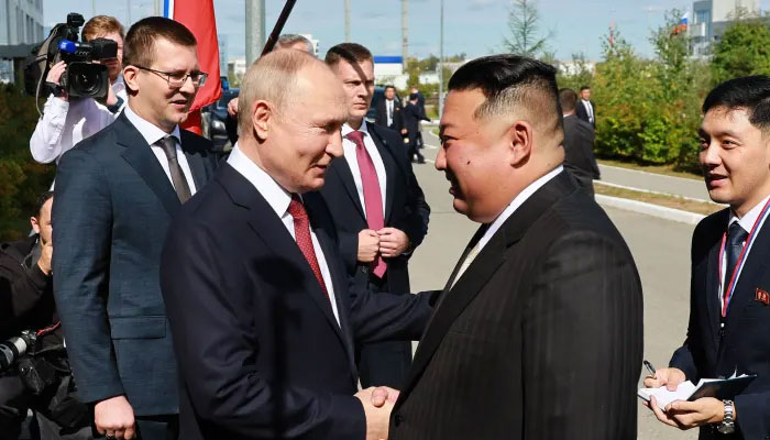 Russian President Vladimir Putin and North Korean leader Kim Jong Un during their meeting at the Vostochny Cosmodrome in the Amur region on Sept. 13, 2023. — AFP
