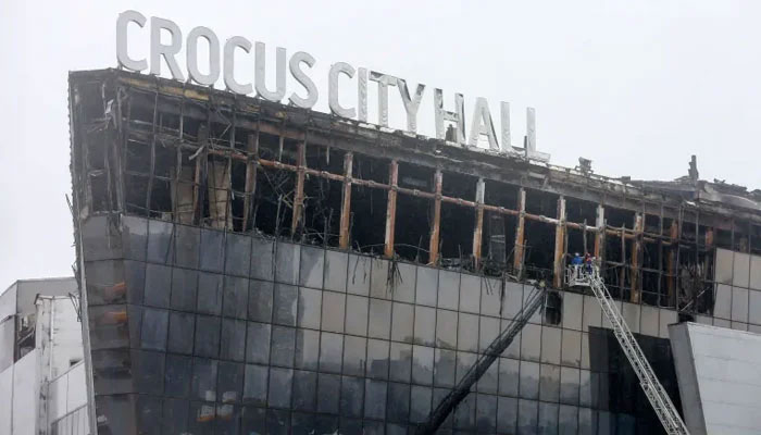 A view of the gutted Moscow concert hall, Crocus City Hall. — Russian News Agency Tass/File