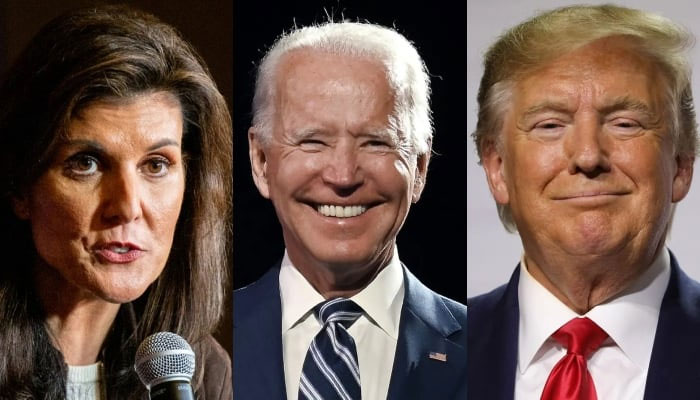 Republican presidential candidate Nikki Haley (left), US President Joe Biden (centre), and former president Donald Trump.. — AFP/File