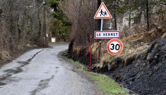 This photograph taken on March 27, 2024 shows an entrance to the French Alps village of Le Vernet, near the Haut-Vernet. — AFP