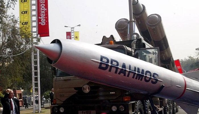 Brahmos missile on display during the Fourth Defence Expo in New Delhi. — AFP/File