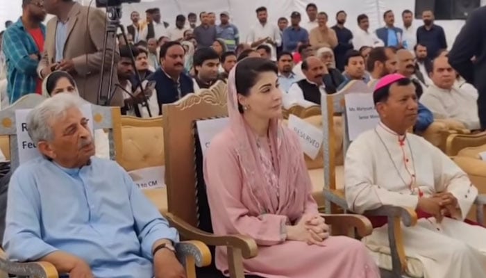 This still taken from a video released on March 31, 2024, shows CM Punjab Maryam Nawaz at the Mariamabad church in Sheikhupura district. — Facebook/Maryam Nawaz Sharif