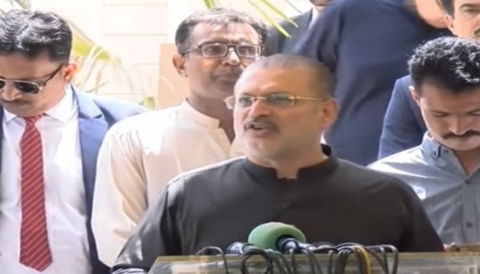 Minister for Transport and Excise & Taxation, Sharjeel Inam Memon speaks to media persons at the Sindh Assembly building in this still, released on April 1, 2024. — Facebook/Sharjeel Inam Memon