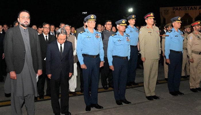 Federal Minister for Overseas Pakistanis Chaudhry Salik Hussain (first left) pictured alongside  Chinese Ambassador to PakistanJiang Zaidong (second left) with PAF and Pakistan Army officials at Nur Khan Airbase on April 1, 2024. — APP