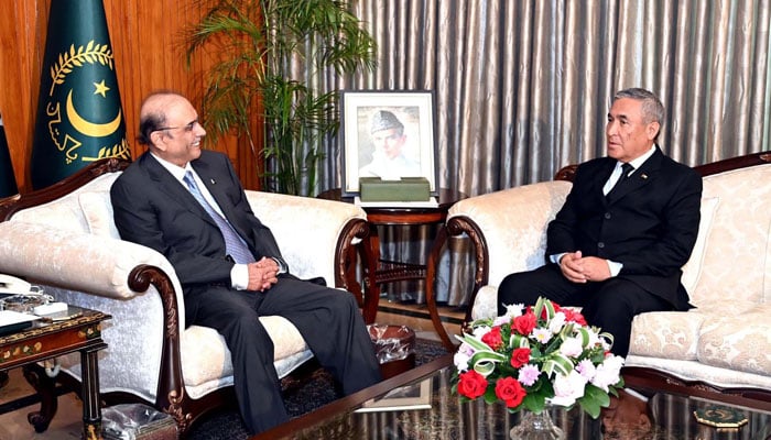 In this image, President, Asif Ali Zardari meets with Atadjan Movlamov, Ambassador of Turkmenistan to Pakistan at Aiwan-e-Sadr, Islamabad on April 1, 2024. — PPI