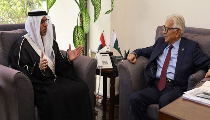 United Arab Emirates (UAE) Ambassador to Pakistan Hamad Obaid Ibrahim Salem Al-Zaabi called on Defence Minister Khawaja Asif on Apr 1, 2024. — PID