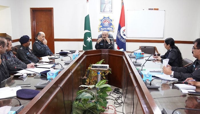 Deputy Inspector General Karachi Traffic Police Ahmed Nawaz chairs a meeting at his office on April 2, 2024. — Facebook/Karachi Traffic Police