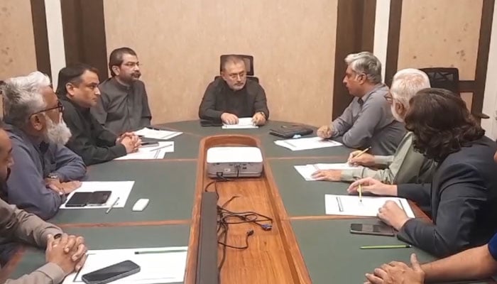 In this still, Sindh Transport Minister Sharjeel Inam Memon chairs a meeting on April 2, 2024. — Facebook/Sharjeel Inam Memon