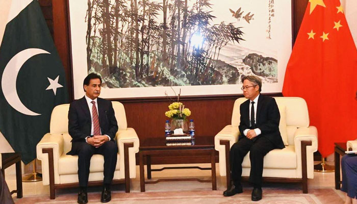 NA Speaker Ayaz Sadiq (left) meets Chinese Ambassador Jiang Zaidong to offer condolence over the death of Chinese Nationals in a suicide attack in Shangla district at the Chinese Embassy on April 2, 2024. —