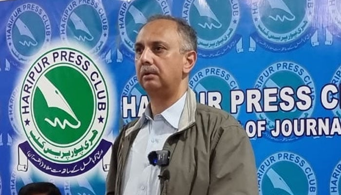 Omar Ayub Khan, a PTI-backed MNA of the Sunni Ittehad Council (SIC) speaks during a press conference at Haripur Press Club on April 1, 2024. — Facebook/Omar Ayub Khan