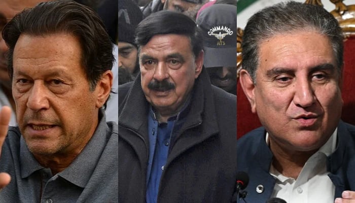 PTI founder chairman Imran Khan (L), Awami Mulsim League (AML) chief Sheikh Rashid Ahmed (C) and Vice Chairman Shah Mahmood Qureshi (R) seen in this image. — AFP/AFP/Online/File