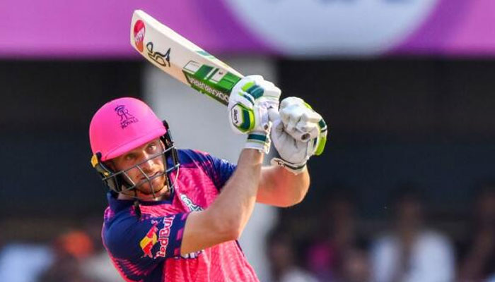 Rajasthan Royals Jos Buttler plays a shot against Delhi Capitals at the Assam Cricket Association Stadium in Guwahati on Saturday. — AFP