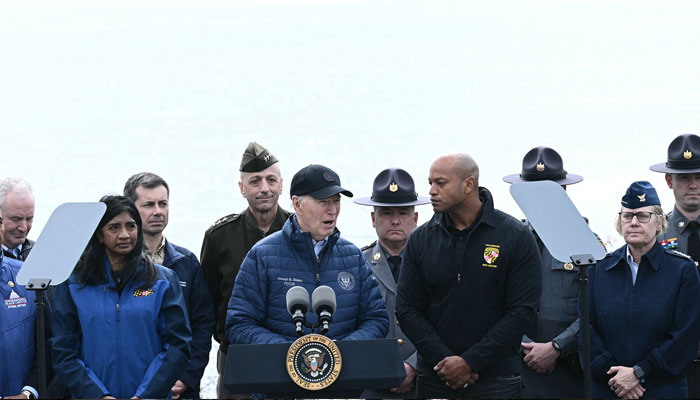 President Joe Biden speaks about the collapse of the Francis Scott Key Bridge on Friday in Baltimore. — AFP