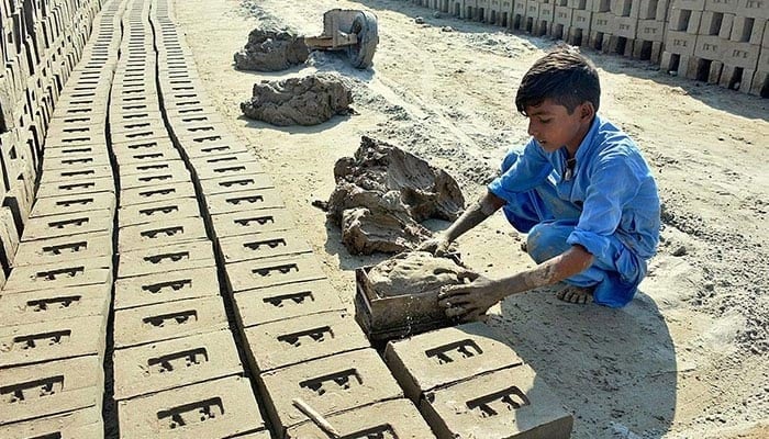 A child labourer is busy preparing raw bricks at a local kiln. — APP/File