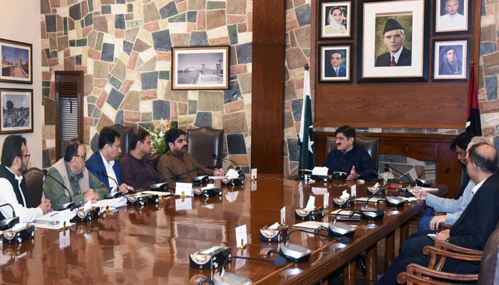 Sindh Chief Minister Syed Murad Ali Shah presides over a meeting to review the progress Sindh Solar Energy Project at CM House on April 6, 2024. — Facebook/Sindh Chief Minister House