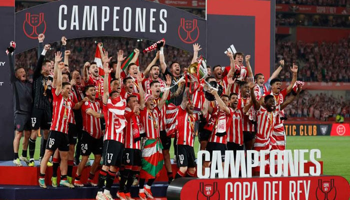 Athletic Bilbaos players celebrate victory at the end of the Spanish Copa del Rey (Kings Cup) final football match between Athletic Club Bilbao and RCD Mallorca at La Cartuja stadium in Seville on April 6, 2024. — AFP/File
