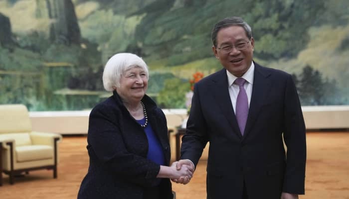 US Treasury Secretary Janet Yellen shakes hands with Chinese Premier Li Qiang at the Great Hall of the People in Beijing on April 7, 2024. — AFP