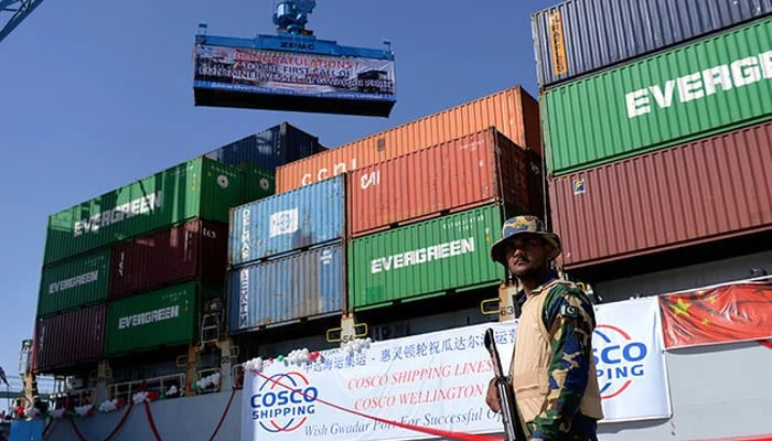 A security personnel stands guard beside a ship carrying containers during the opening of a trade project in Gwadar port. — AFP/File
