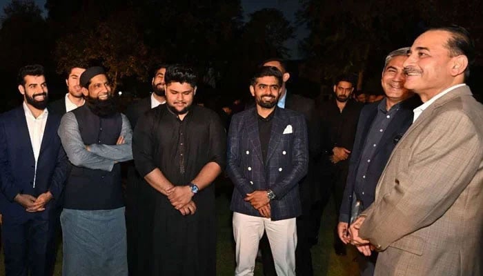 Pakistan cricket team players with the Chief of Army Staff (COAS) General Asim Munir (right) at the Army House on April 8, 2024. — ISPR