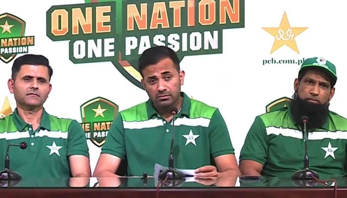Selection committee member and Senior Team Manager Wahab Riaz (centre), selection committee member and Batting Coach Mohammad Yousuf (right) and selection committee member Abdul Razzaq (left) are talking to media in Lahore on April 9, 2024. —Screengrab/ YouTube/Pakistan Cricket